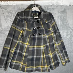 Toki Couture Wool Blend Plaid Peacoat Womens Gray Mustard Double Breasted Jacket
